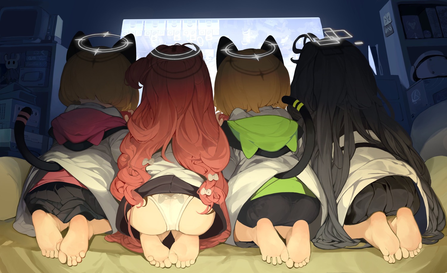 animal_ears ass blue_archive feet halo hanaoka_yuzu loli menthak0 nekomimi pantsu saiba_midori saiba_momoi seifuku skirt_lift tail tendou_arisu thong