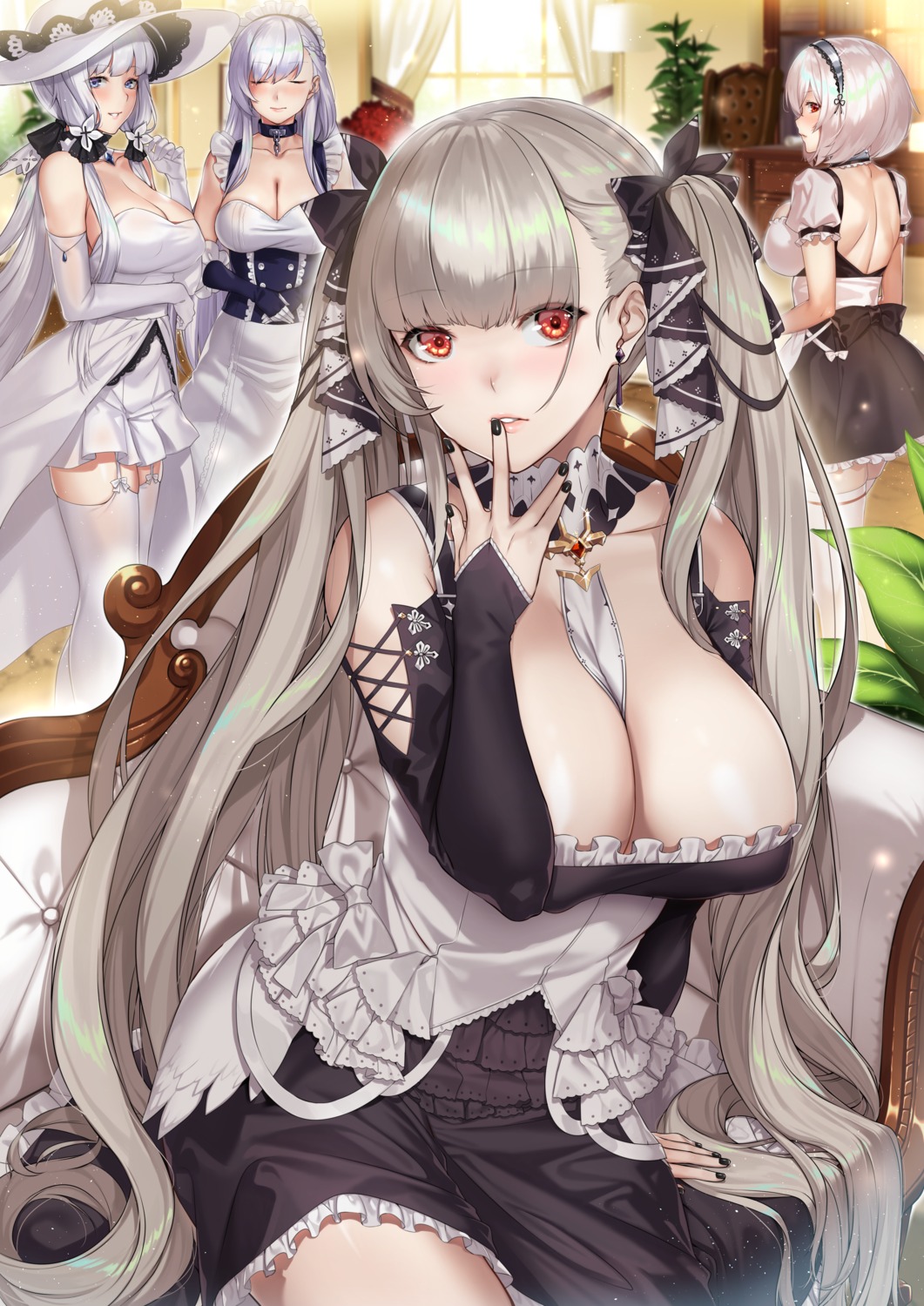 azur_lane belfast_(azur_lane) deras dress formidable_(azur_lane) gothic_lolita illustrious_(azur_lane) lolita_fashion maid no_bra sirius_(azur_lane) stockings thighhighs