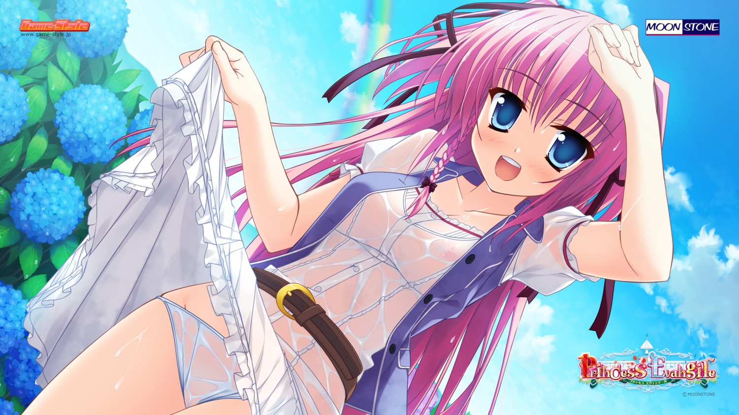 dress game-style moonstone nipples no_bra open_shirt pantsu princess_evangile rousenin_rise see_through skirt_lift summer_dress wallpaper wet wet_clothes yamakaze_ran