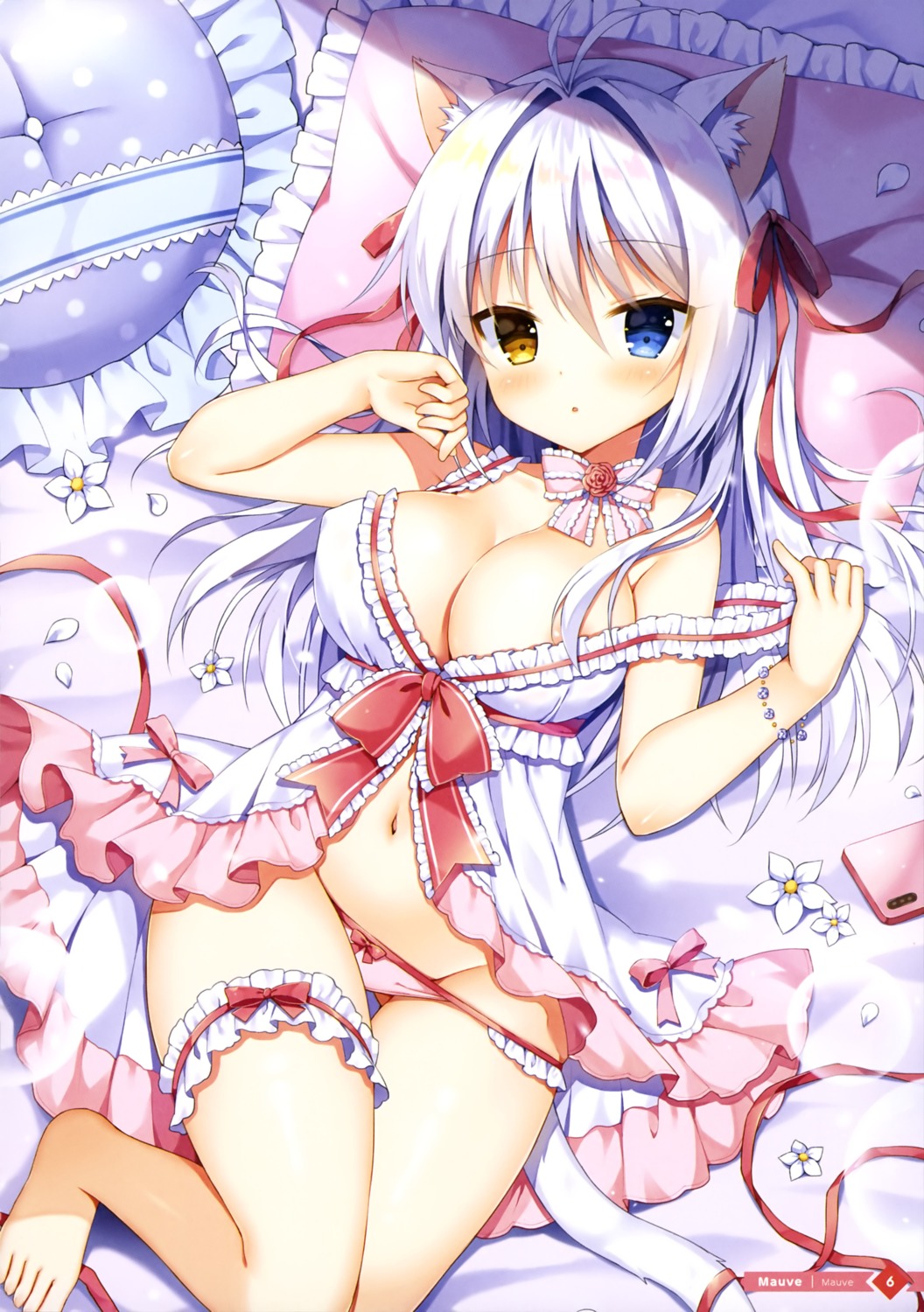 aina_rive animal_ears areola garter heterochromia lingerie mauve nekomimi pantsu panty_pull tail