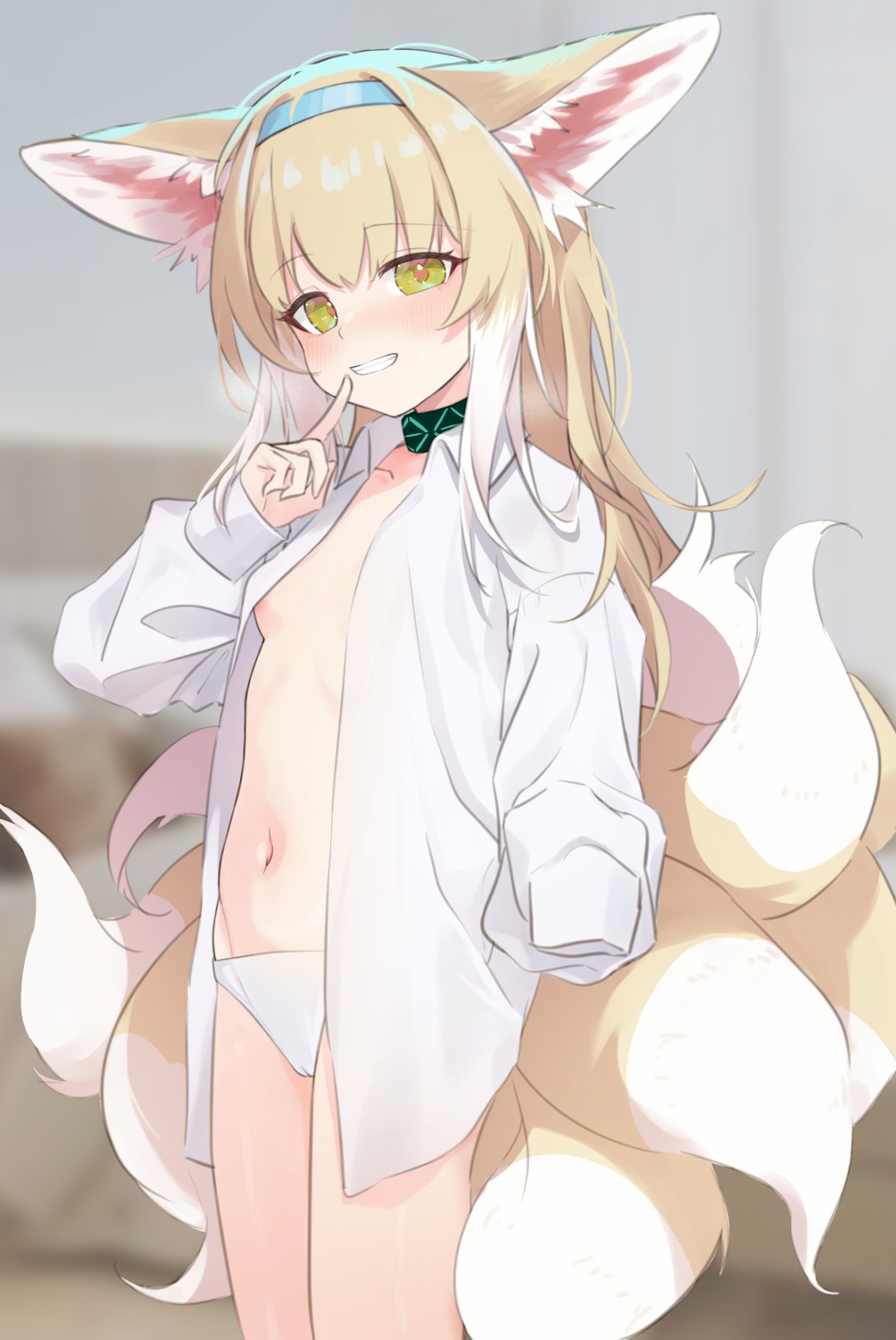 animal_ears arknights dress_shirt kitsune loli no_bra open_shirt pantsu suzuran_(arknights) tail yakurope-moko