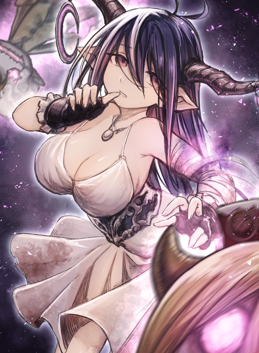 cleavage danua dress granblue_fantasy horns mephist no_bra pointy_ears