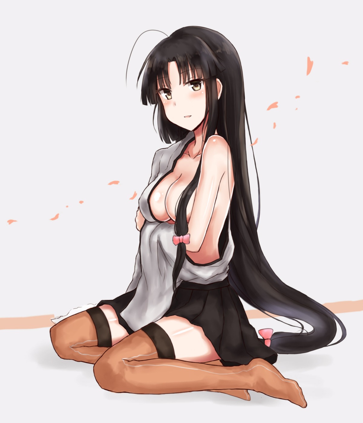 breast_hold cai_geng erect_nipples kantai_collection no_bra open_shirt shouhou_(kancolle) thighhighs