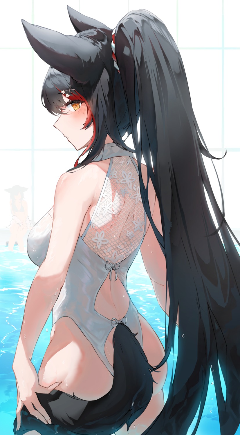 animal_ears ass fishnets hololive hololive_gamers kabedoru ookami_mio swimsuits tail wet