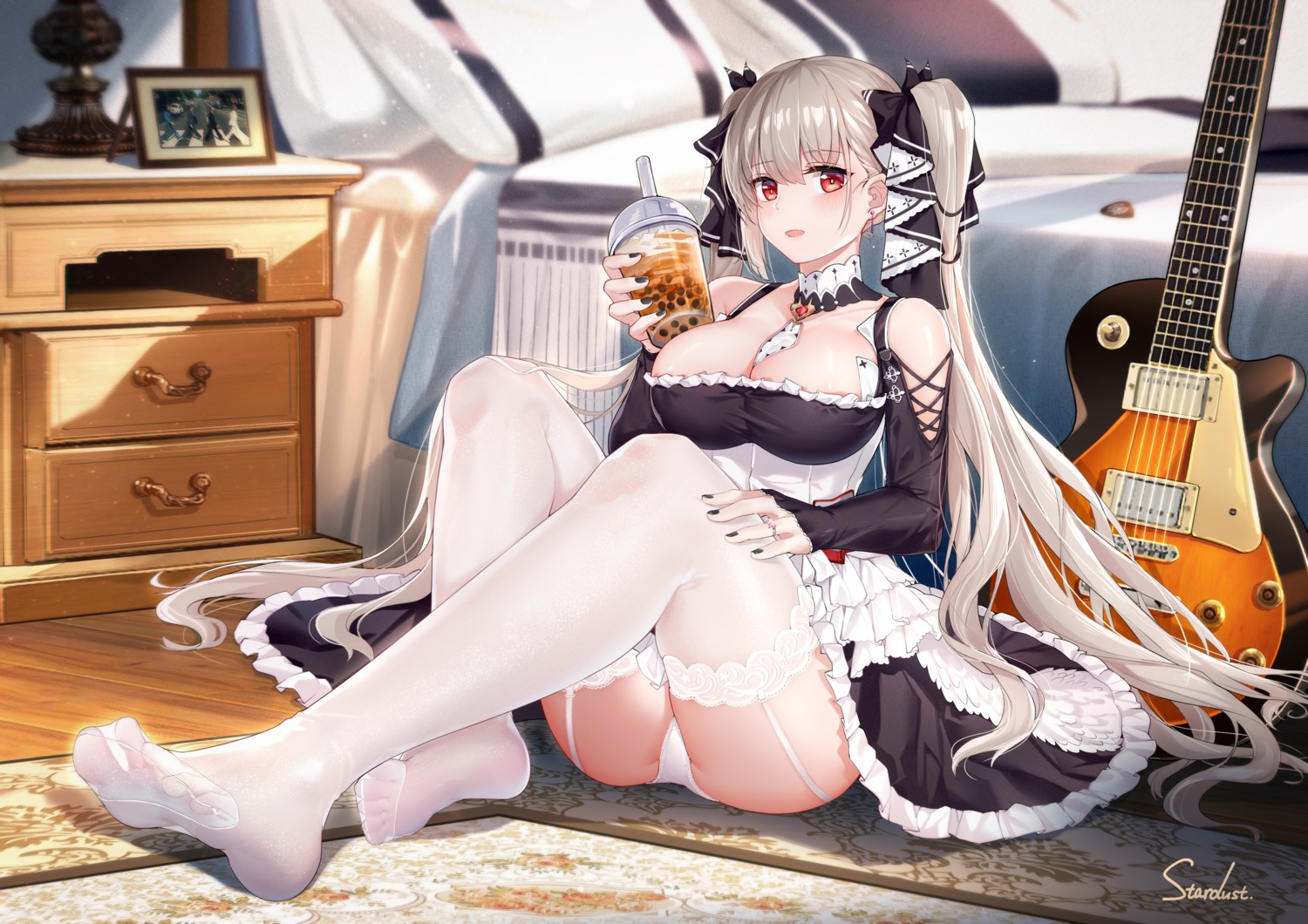 azur_lane feet formidable_(azur_lane) gothic_lolita guitar lolita_fashion no_bra pantsu skirt_lift stardust_(chen'ai_weiding) stockings thighhighs