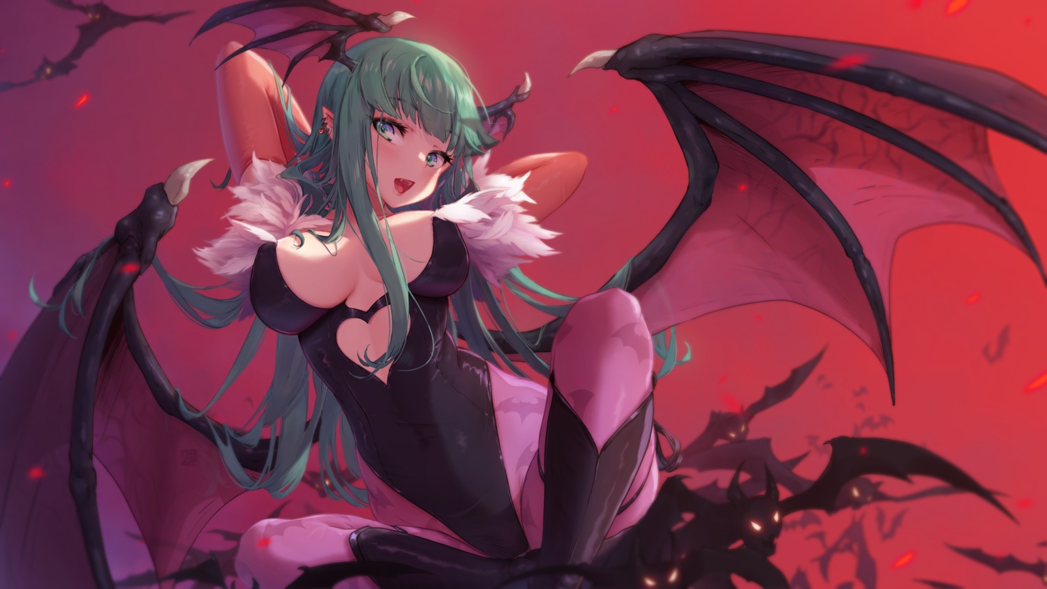 dark_stalkers leotard mitsu_(mitsu_art) morrigan_aensland no_bra pantyhose pointy_ears see_through wings