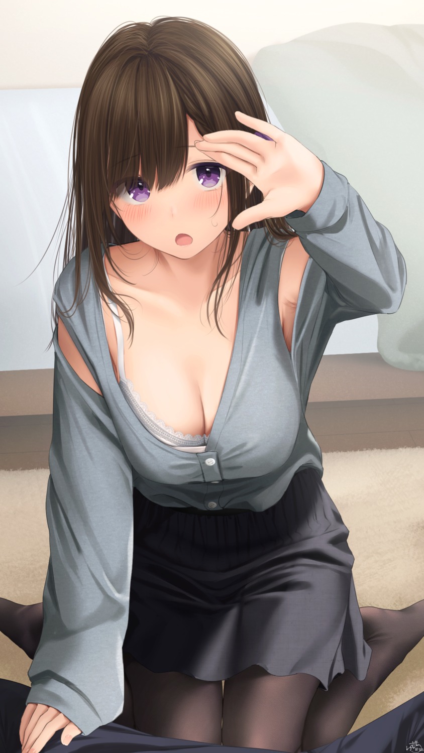 bra chapatsu-chan_(ramchi) cleavage open_shirt pantyhose ramchi