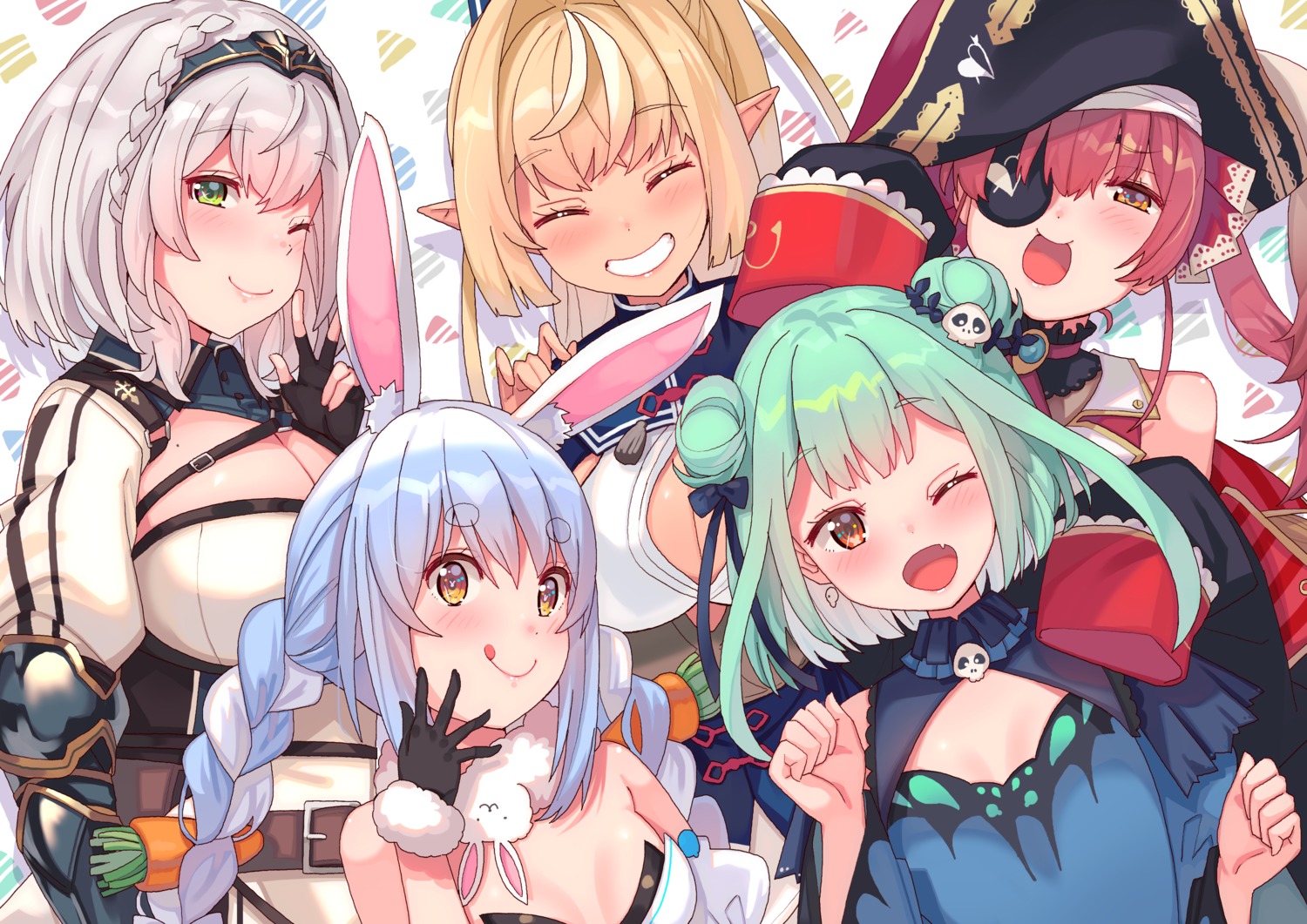 animal_ears bandages bunny_ears cleavage elf eyepatch hololive houshou_marine pointy_ears shiranui_flare shirogane_noel tonari_no_kai_keruberosu uruha_rushia usada_pekora