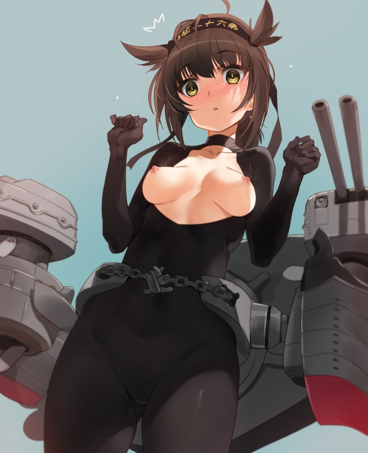 bodysuit hatsuzuki_(kancolle) kantai_collection nipples no_bra open_shirt yd_(orange_maru)