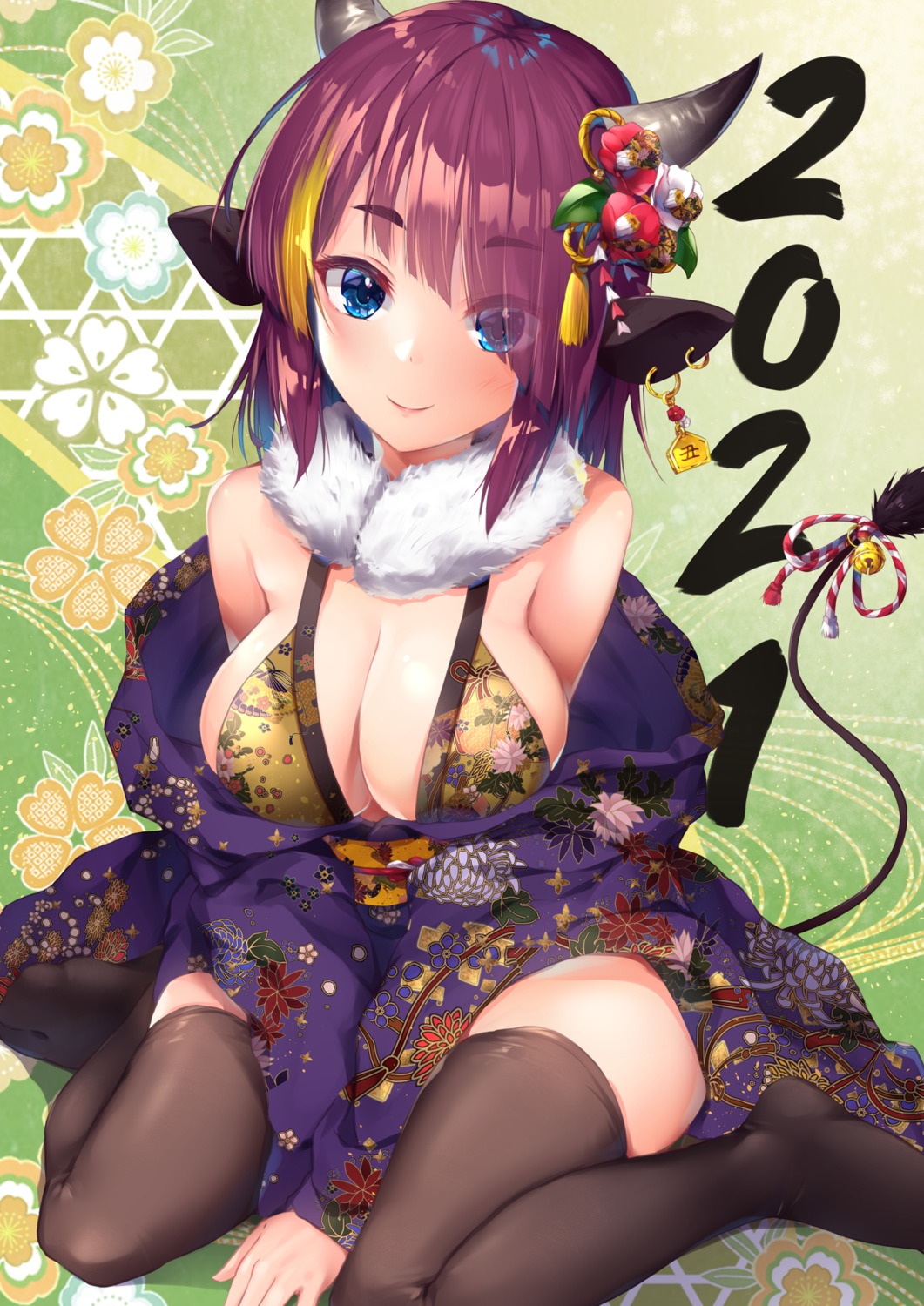 animal_ears bra cleavage horns japanese_clothes open_shirt skirt_lift tail thighhighs yuki_kawachi