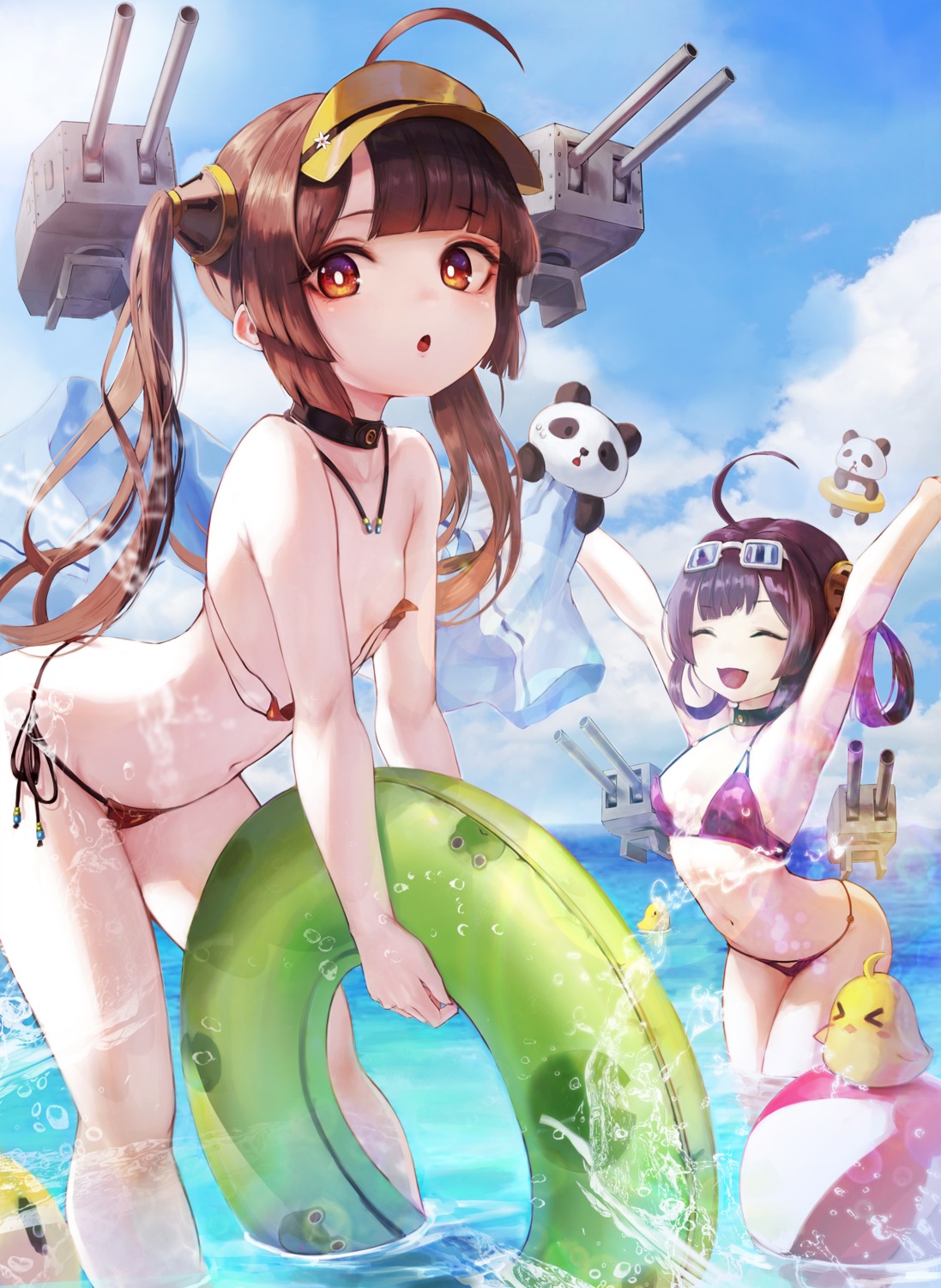 azur_lane bikini hiki_niito loli manjuu_(azur_lane) megane ning_hai_(azur_lane) ping_hai_(azur_lane) swimsuits wardrobe_malfunction wet