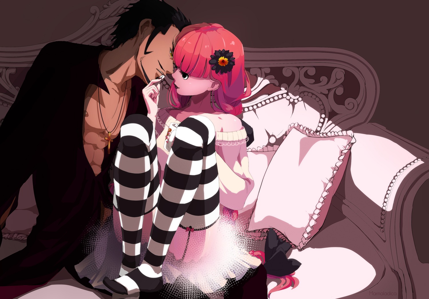 dracule_mihawk marmaladica one_piece perona skirt_lift stockings thighhighs