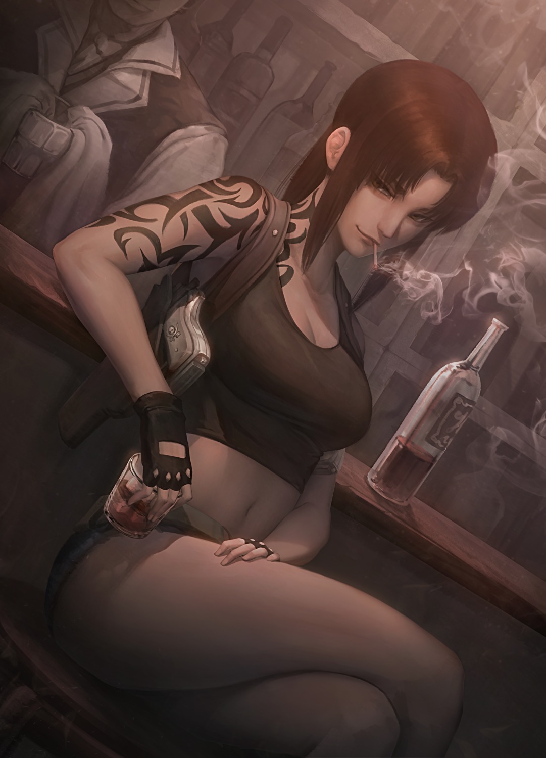 black_lagoon cleavage gun peachpa revy smoking tattoo