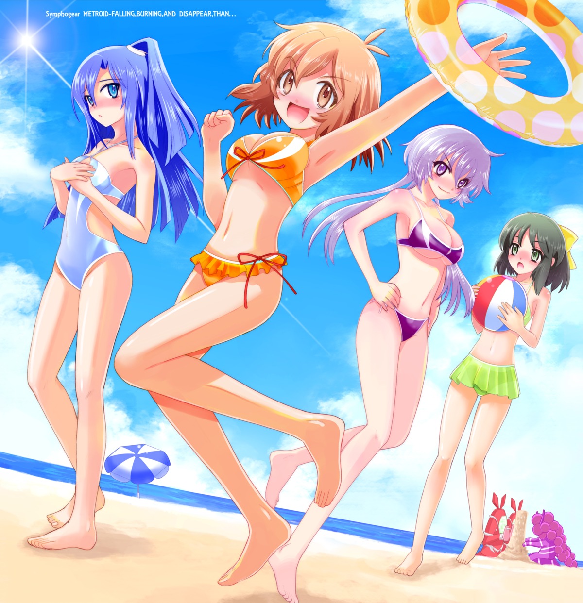 bikini cleavage hinahime kazanari_tsubasa kohinata_miku senki_zesshou_symphogear swimsuits tachibana_hibiki yukine_chris