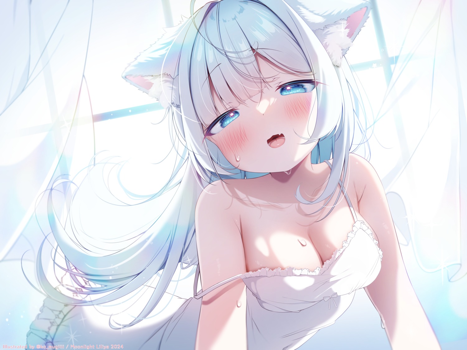 animal_ears dress komugi_(2212) nekomimi no_bra summer_dress wet