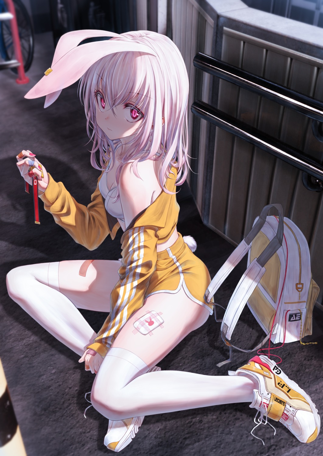 animal_ears bae.c bandaid bra bunny_ears cleavage lirin open_shirt thighhighs