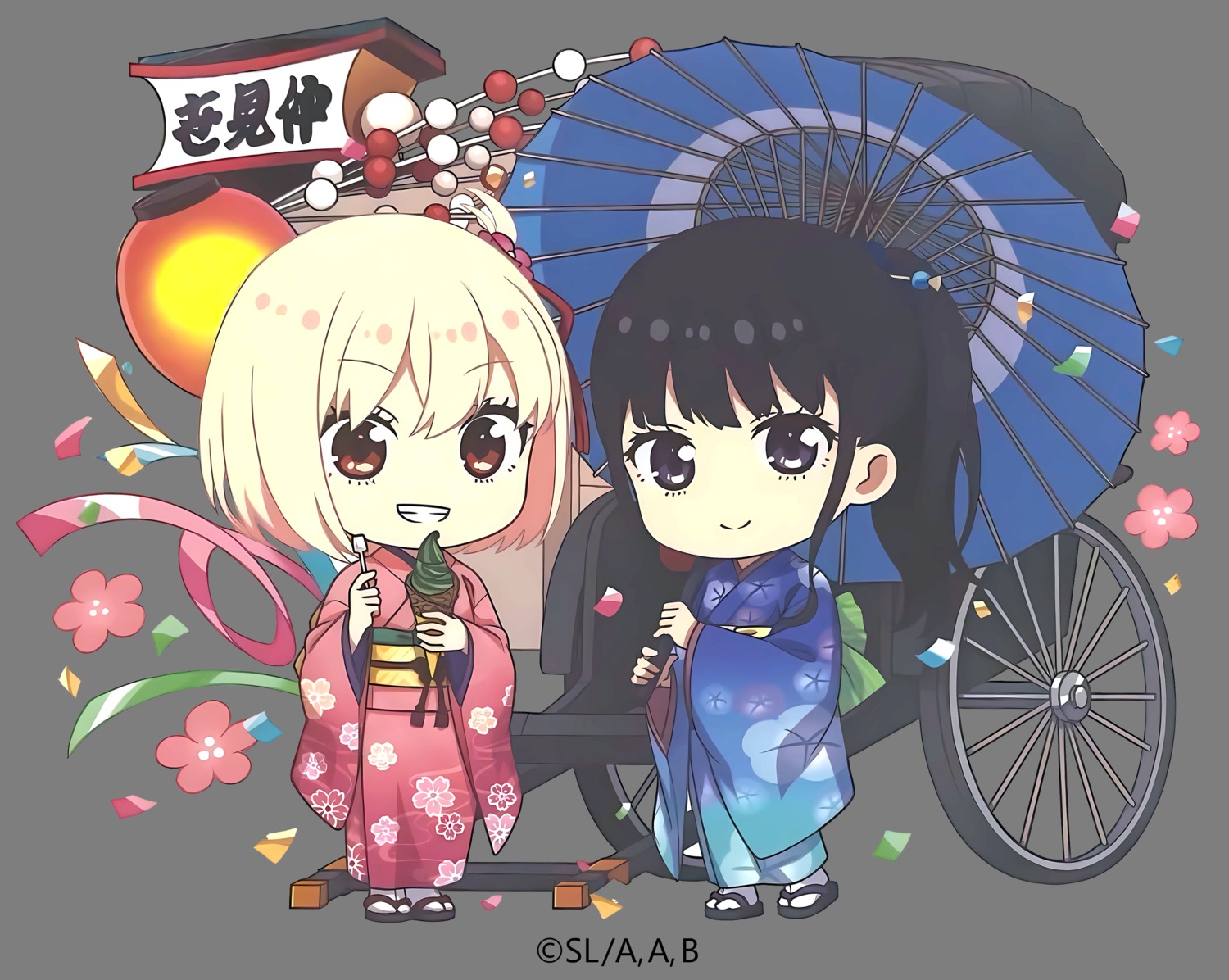 chibi inoue_takina kimono lycoris_recoil nishikigi_chisato tagme transparent_png umbrella