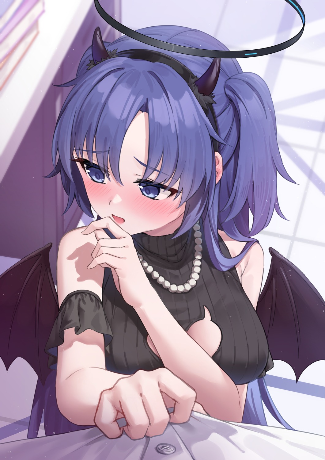 blue_archive devil halloween halo hayase_yuuka horns no_bra pizza_(artist) wings