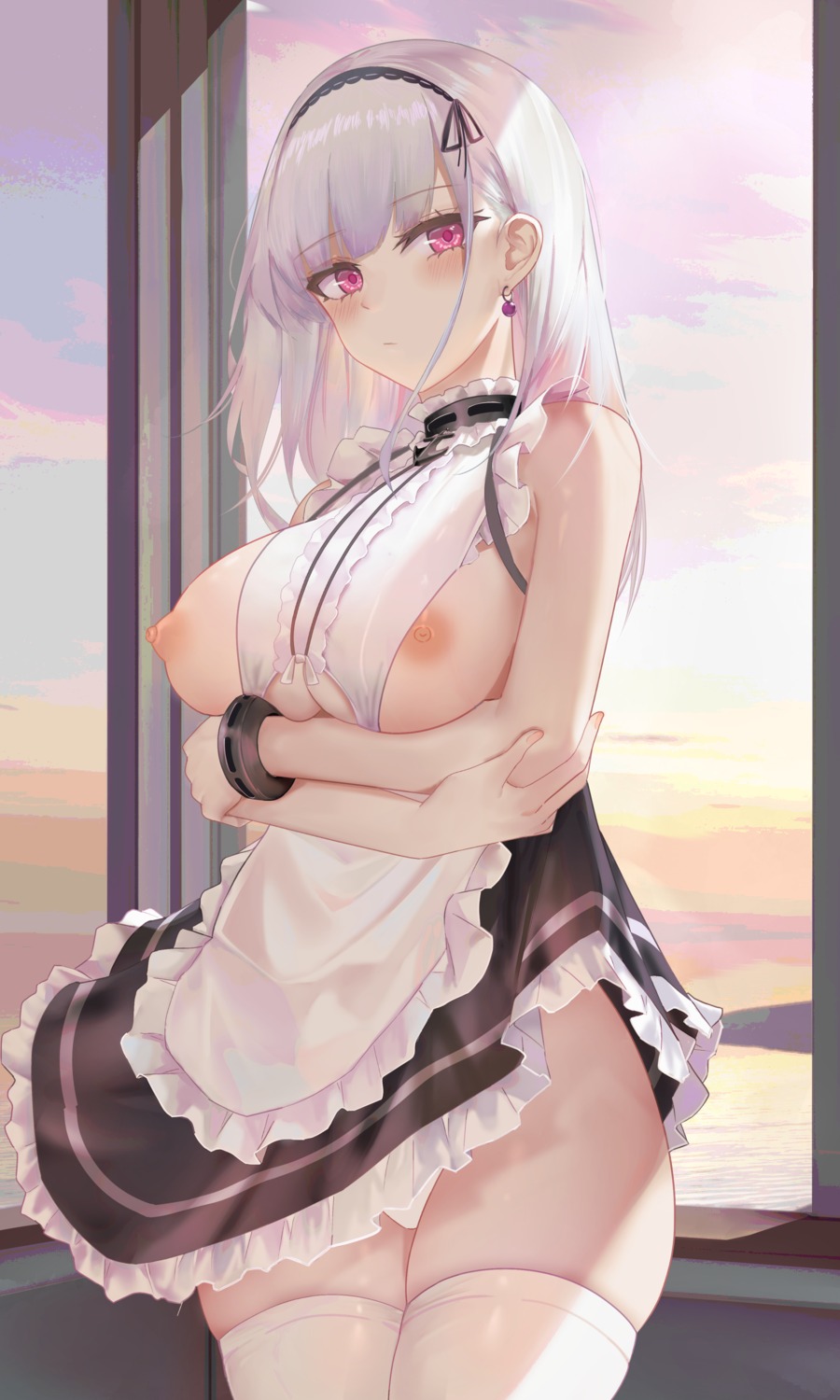 azur_lane breast_hold breasts dido_(azur_lane) maid nipples no_bra ru_zhai skirt_lift thighhighs