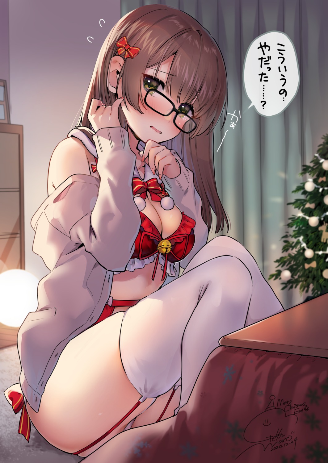 bra christmas cleavage garter_belt geshumaro megane open_shirt pantsu stockings sweater thighhighs thong