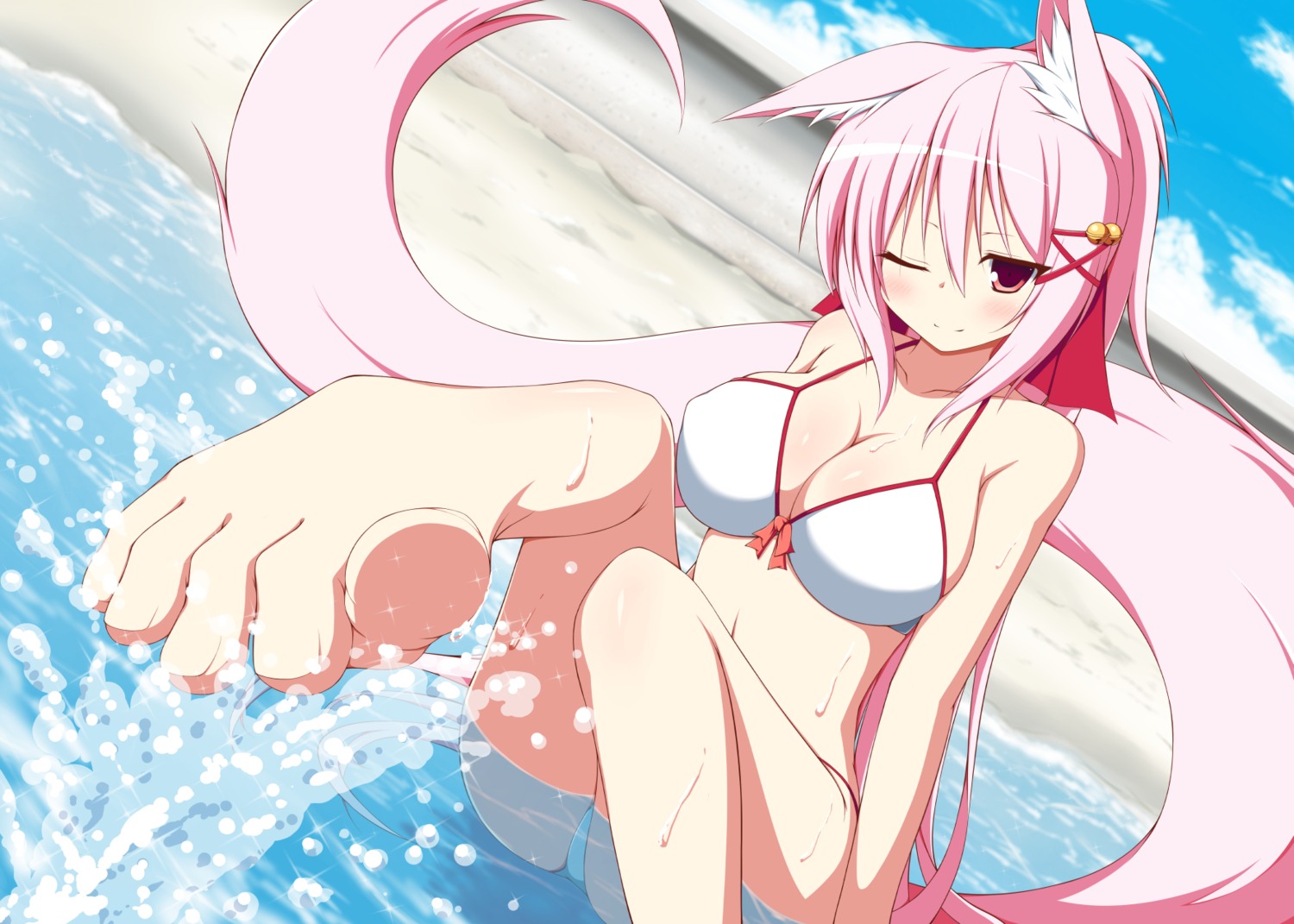 animal_ears bikini cleavage feet kazamatsuri_kazari mizuki_(kogetsu-tei) swimsuits tail