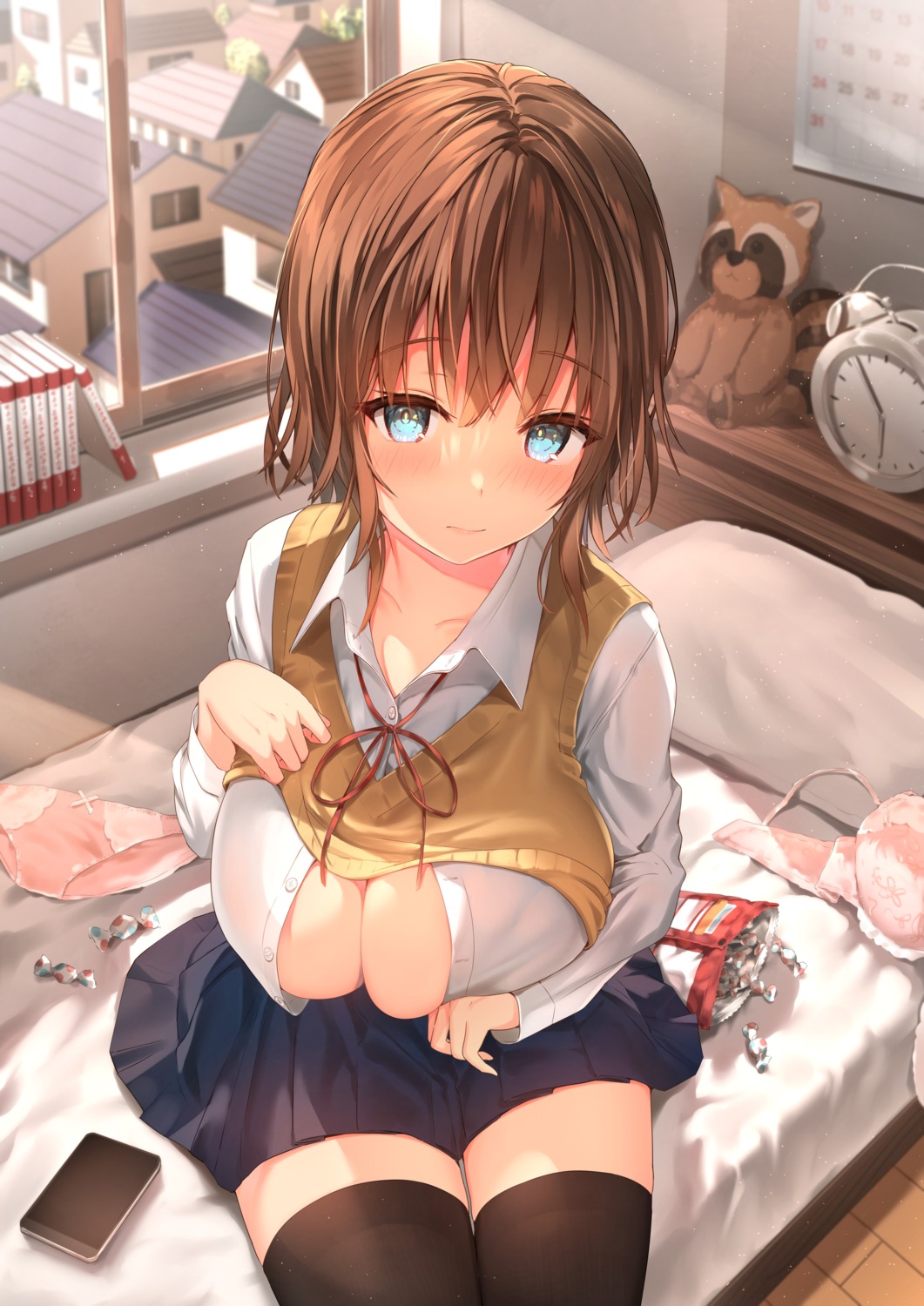 no_bra open_shirt seifuku sune_(mugendai) sweater thighhighs