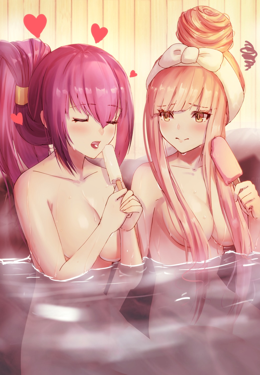 bathing breast_hold dolce_(dolsuke) fate/grand_order medb_(fate/grand_order) naked scathach_(fate/grand_order) wet