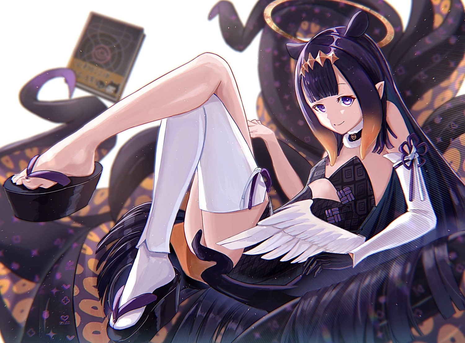 dejio hololive hololive_english ninomae_ina'nis no_bra pointy_ears skirt_lift tentacles thighhighs wings