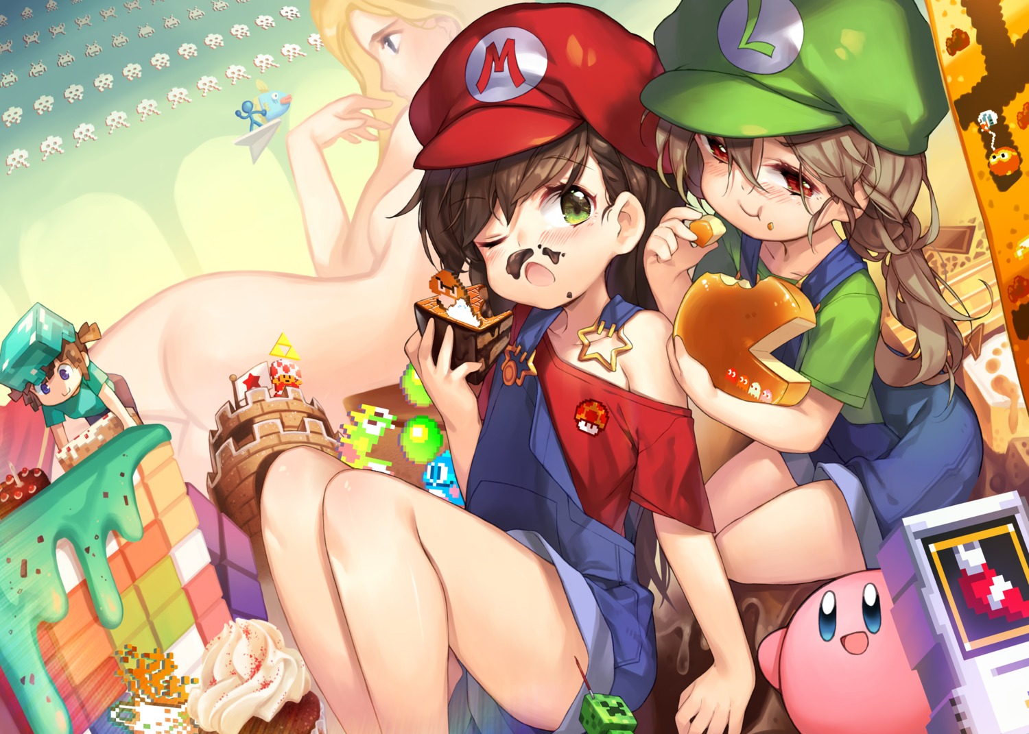 ass cream crossover genderswap kirby kirby_(character) luigi mario mario_bros. minecraft naked overalls takotsu