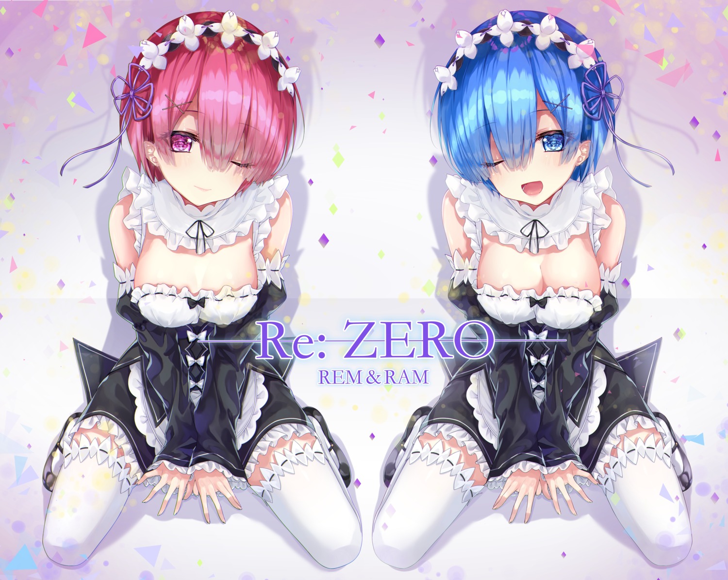 amatsuji maid ram_(re_zero) re_zero_kara_hajimeru_isekai_seikatsu rem_(re_zero) thighhighs