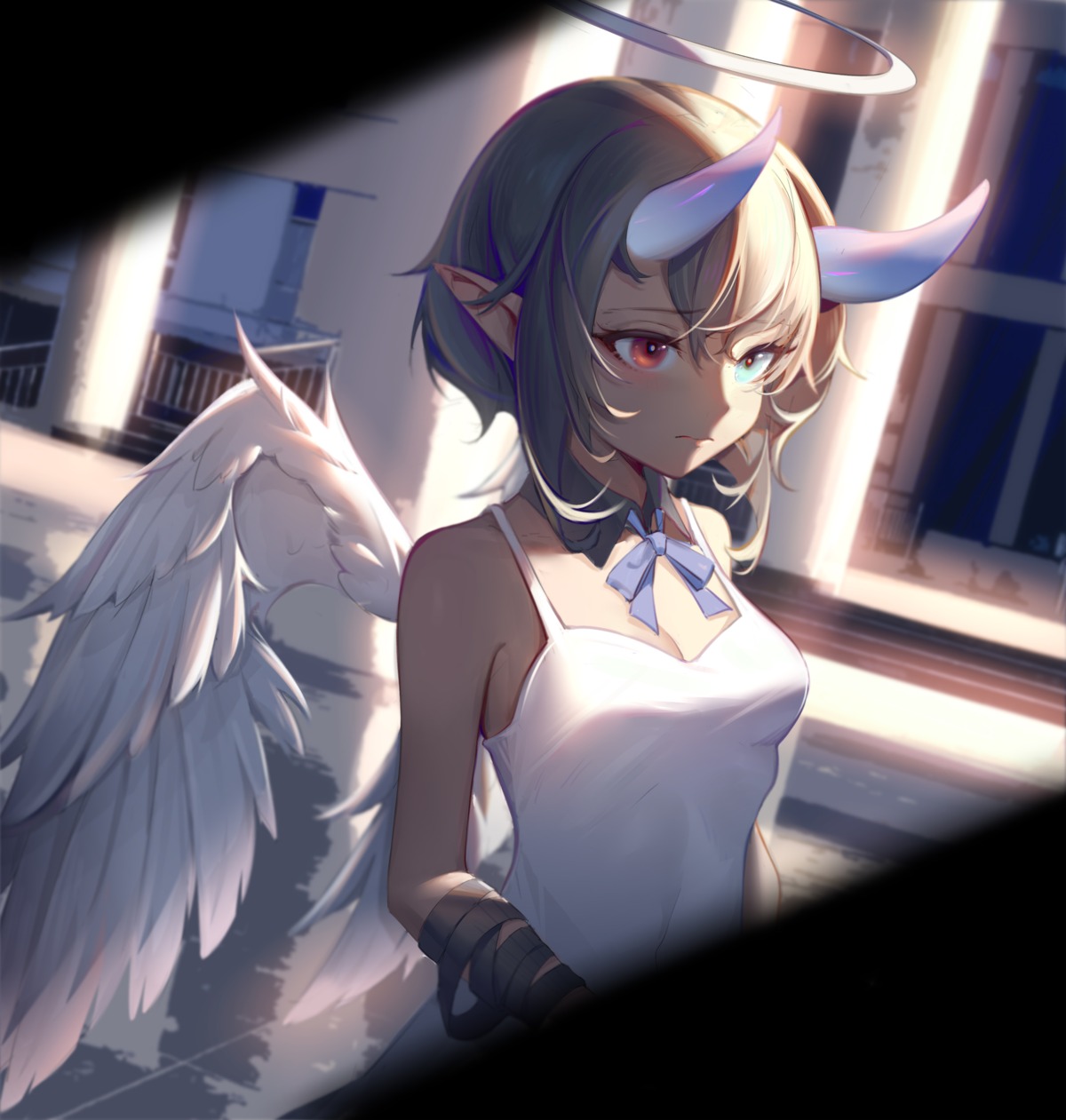 angel bandages cleavage heterochromia horns pointy_ears saw272 wings