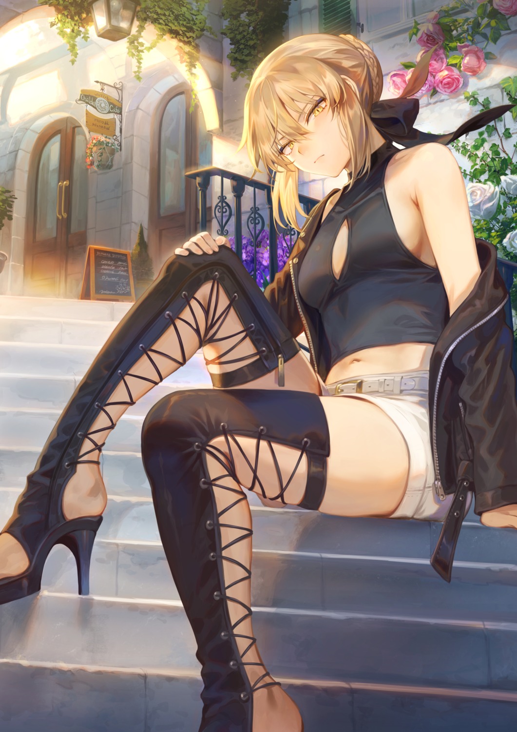 fate/grand_order garter heels mashu_(003) no_bra saber saber_alter thighhighs