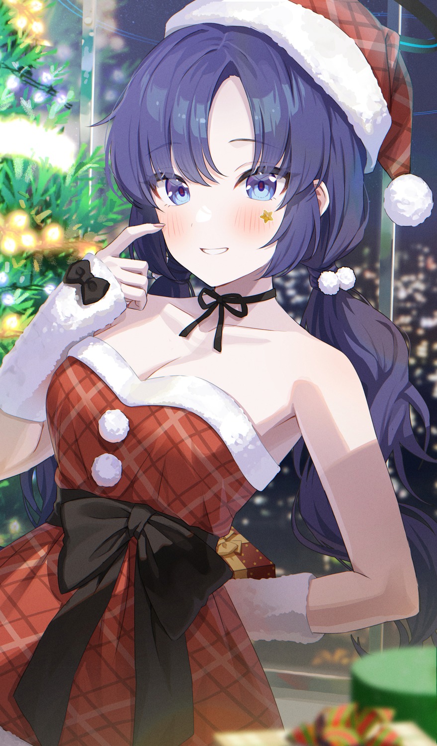 blue_archive christmas dress halo hayase_yuuka momoimon no_bra