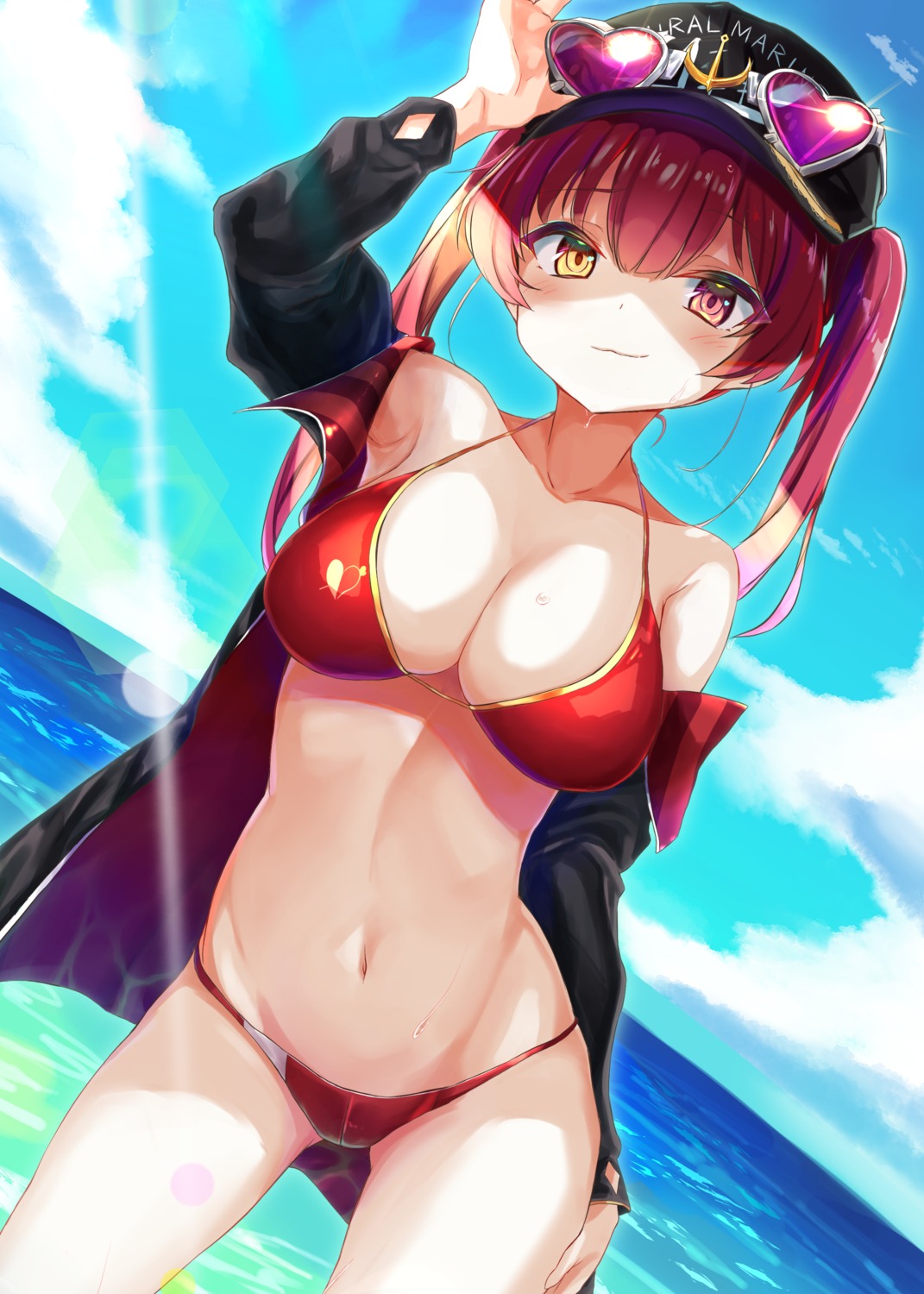 bikini heterochromia hololive houshou_marine megane open_shirt swimsuits toshizou_(0714)