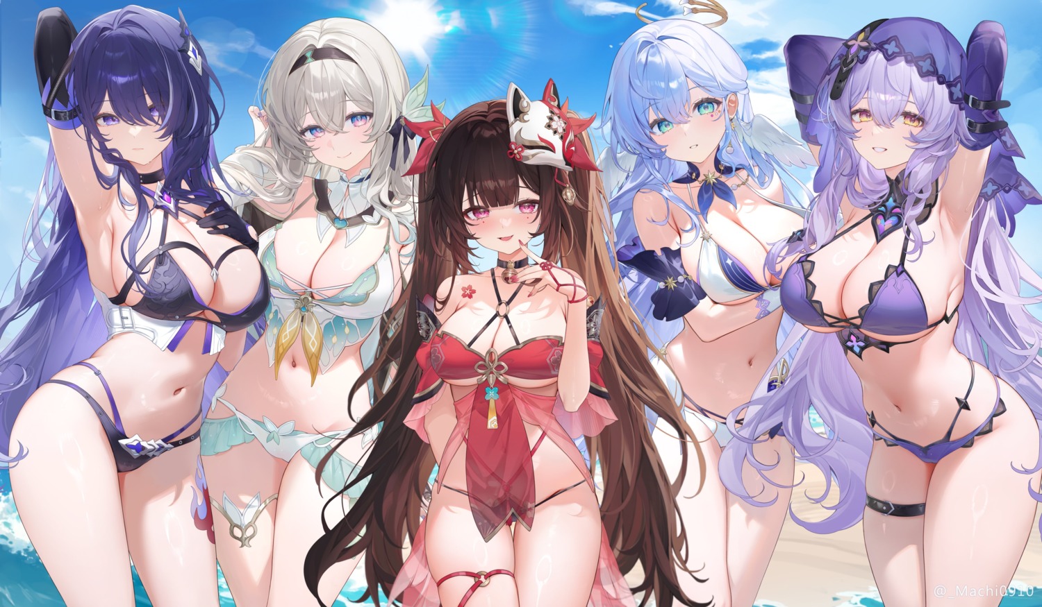 acheron bikini black_swan_(honkai:_star_rail) firefly garter halo honkai:_star_rail machi_(7769) robin see_through sparkle_(honkai:_star_rail) swimsuits tattoo wings