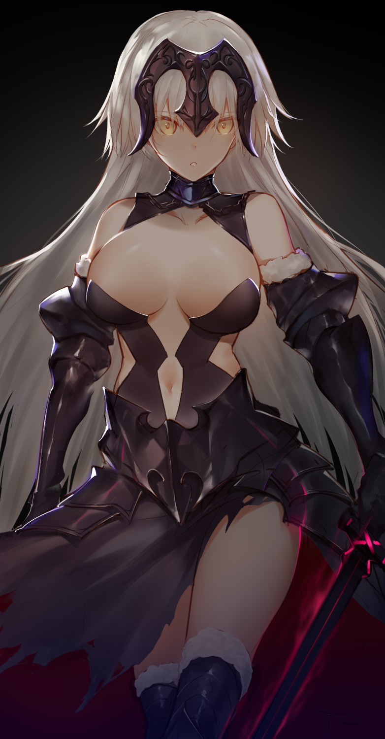 armor fate/grand_order horz jeanne_d'arc jeanne_d'arc_(alter)_(fate) no_bra sword thighhighs torn_clothes