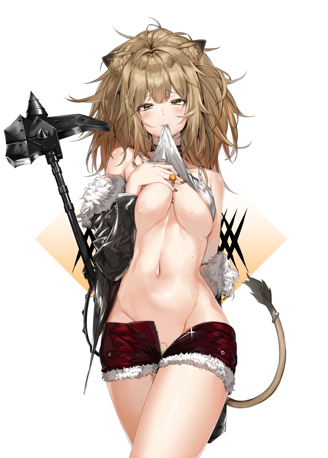 animal_ears arknights breast_hold no_bra nopan pixel_(yuxian) shirt_lift siege_(arknights) tail weapon