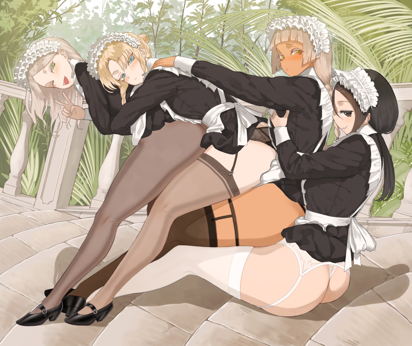 ass breast_grab garter garter_belt heels maid pantsu pantyhose skirt_lift stockings thighhighs thong throtem yuri