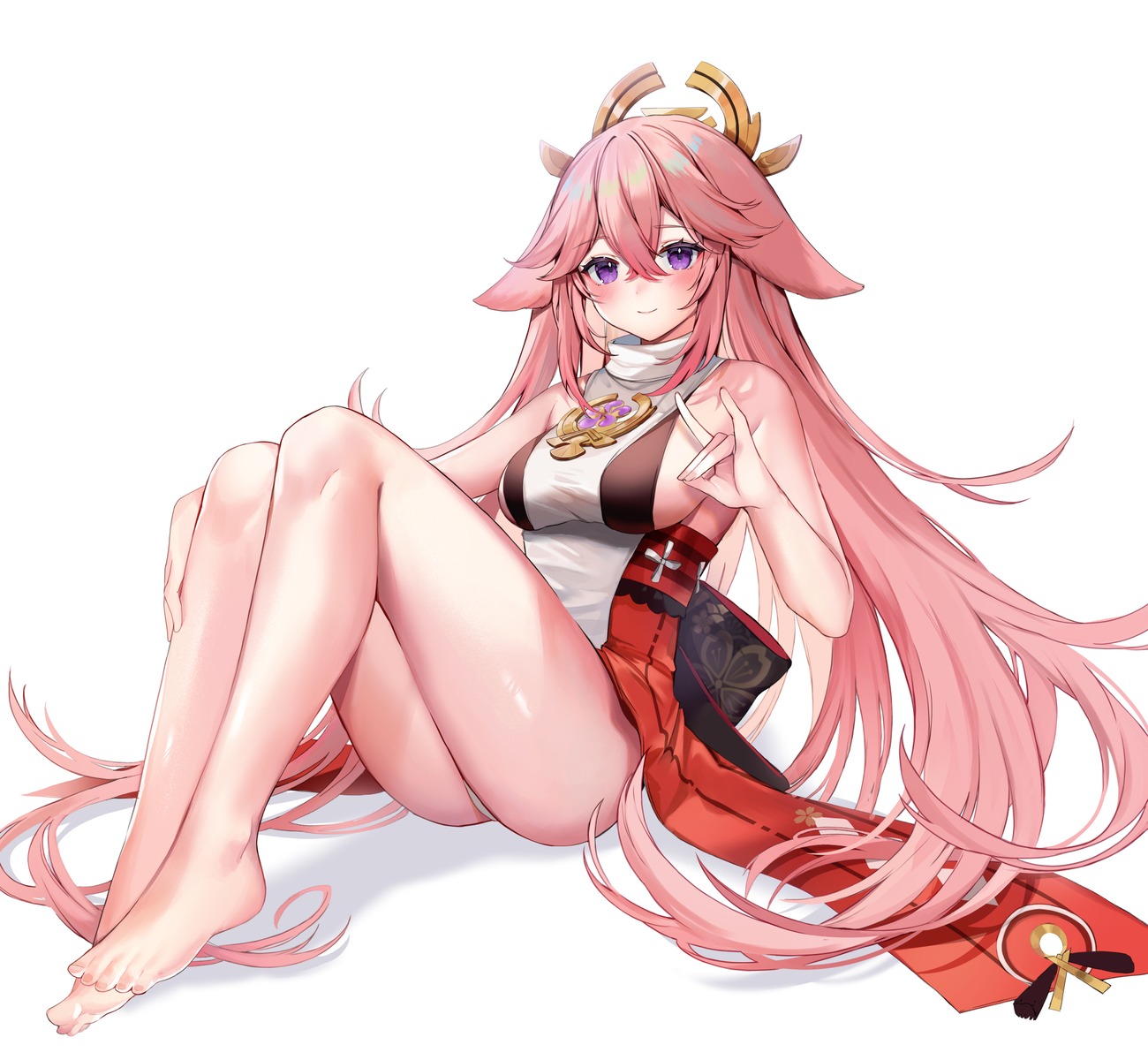 animal_ears feet genshin_impact japanese_clothes kitsune no_bra pantsu skirt_lift thong yae_miko yuniiho