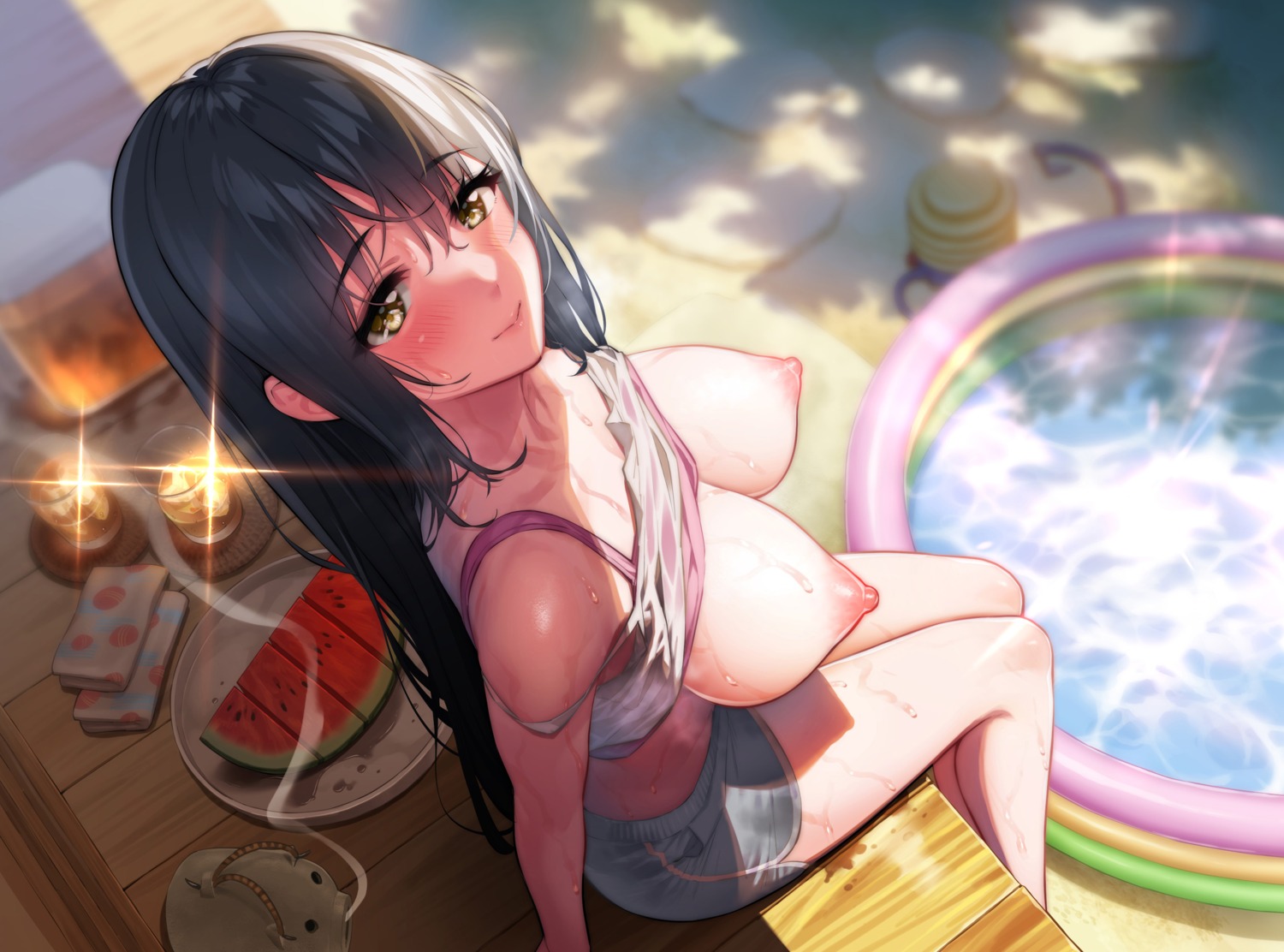 breasts nipples no_bra ogre_craft shirt_lift wet wet_clothes