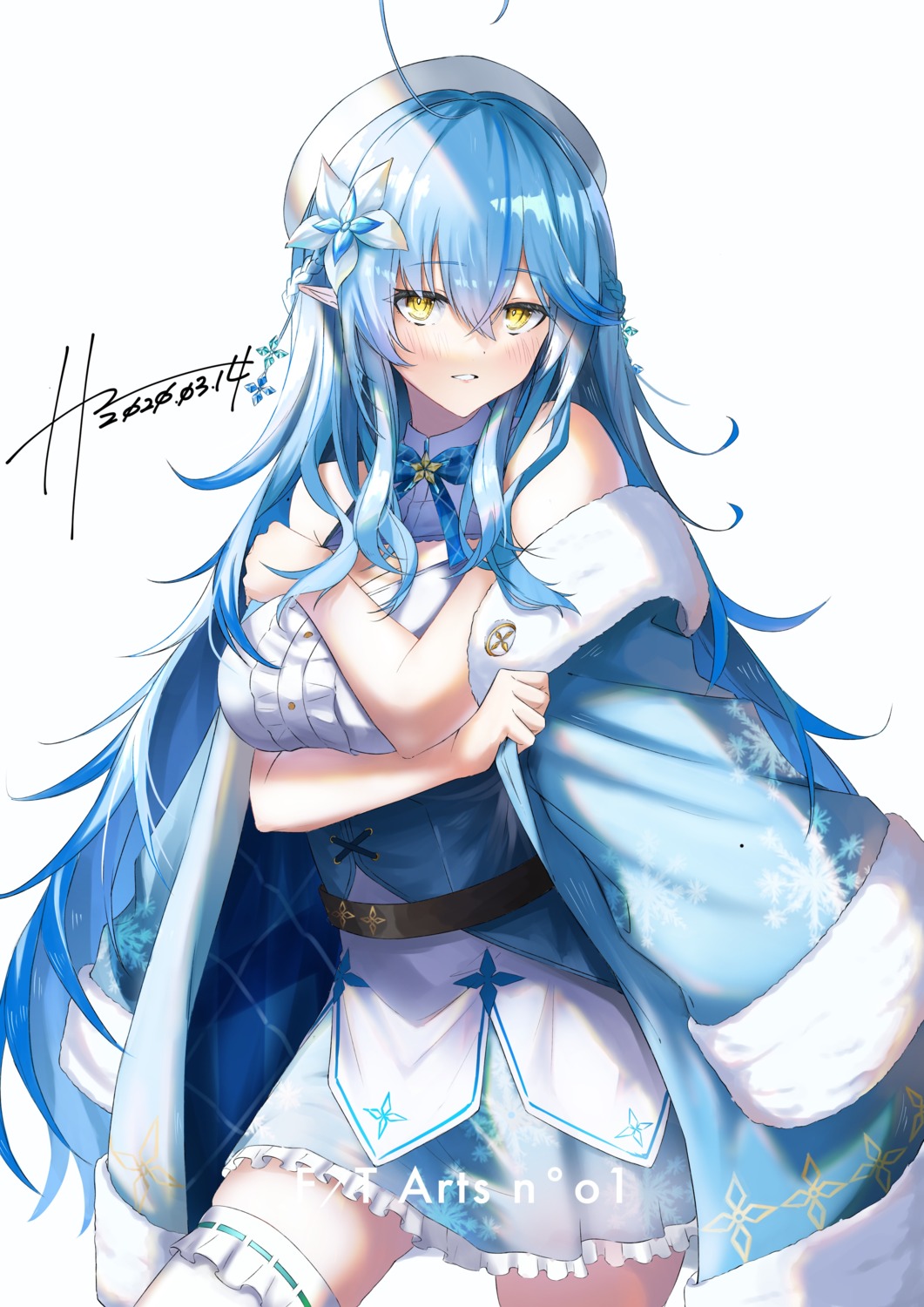 breast_hold cleavage elf hololive hz_(helu_2) pointy_ears thighhighs yukihana_lamy