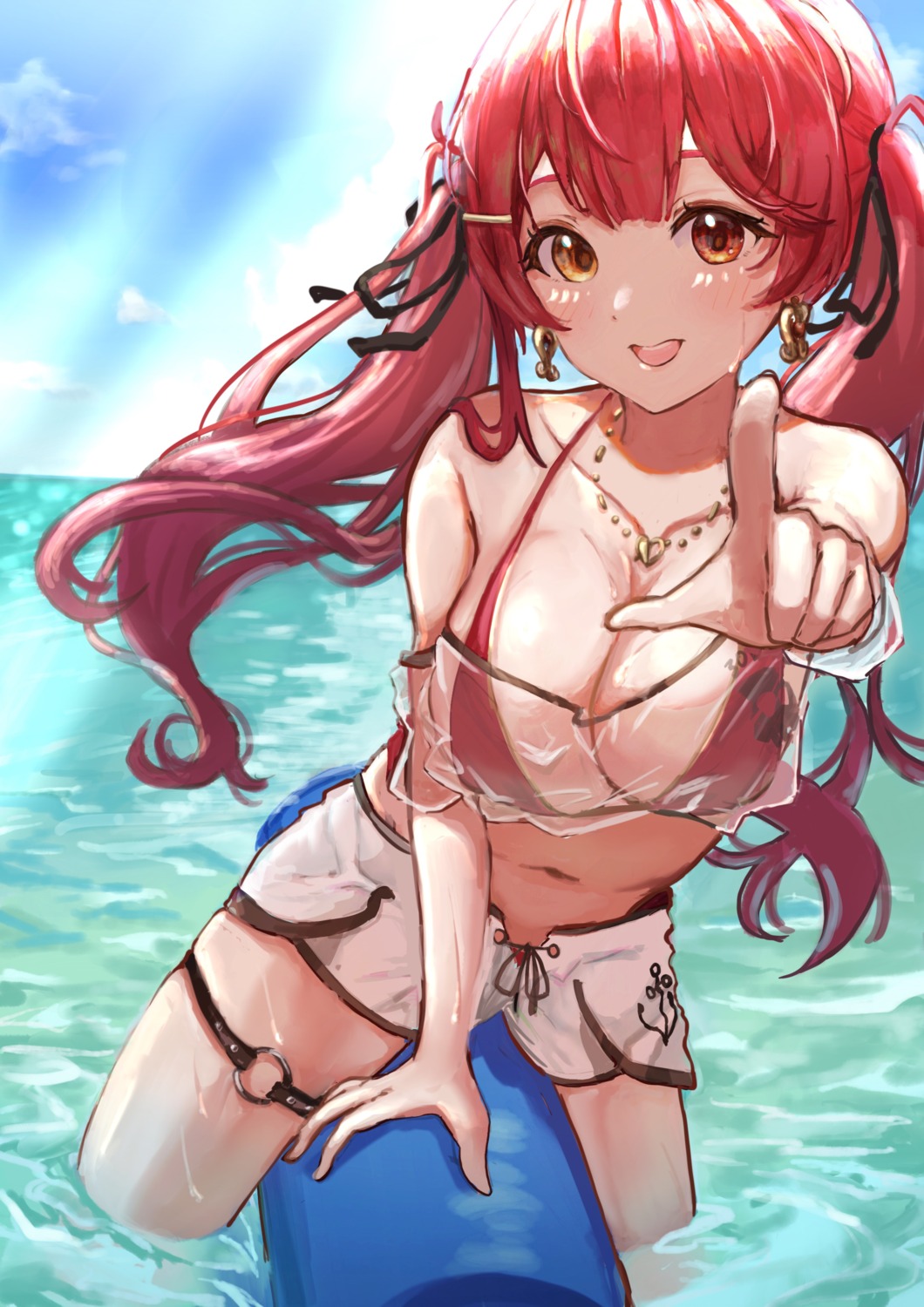 bikini_top garter heterochromia hololive houshou_marine see_through swimsuits tetora_teapot wet