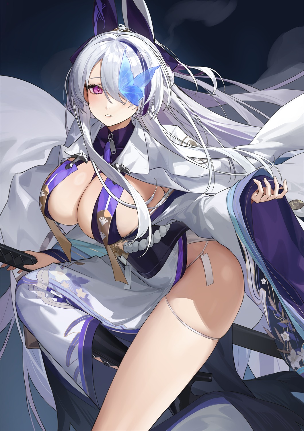 azur_lane eyepatch garter heels japanese_clothes no_bra pantsu red_cucumber skirt_lift sword unzen_(azur_lane)