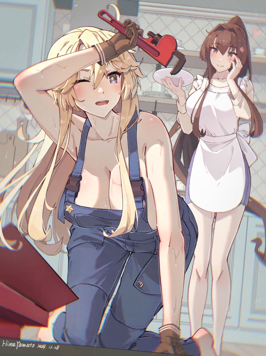 himeyamato iowa_(kancolle) kantai_collection no_bra overalls wet yamato_(kancolle)