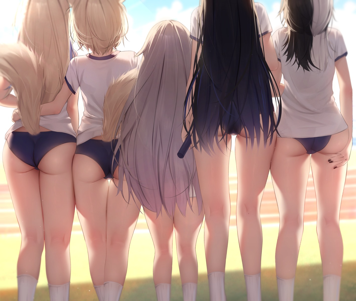 animal_ears ass buruma fuwawa_abyssgard gym_uniform hololive hololive_english inumimi koseki_bijou mococo_abyssgard nerissa_ravencroft prab shiori_novella tail