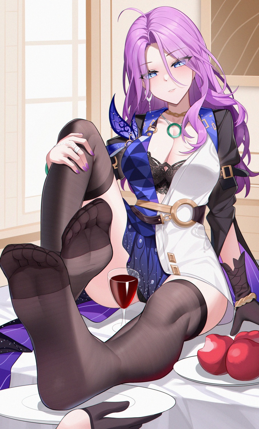 bra dress feet honkai:_star_rail jade_(honkai:_star_rail) skirt_lift thighhighs wuren