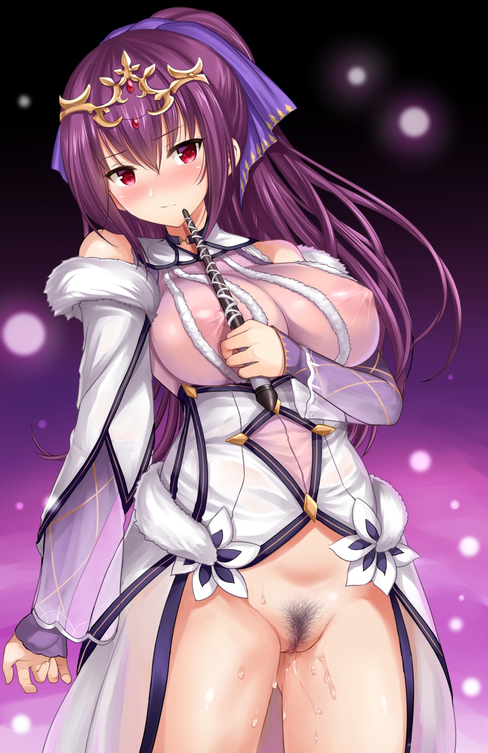 breast_hold fate/grand_order hamo nipples no_bra nopan pubic_hair pussy pussy_juice scathach_skadi see_through