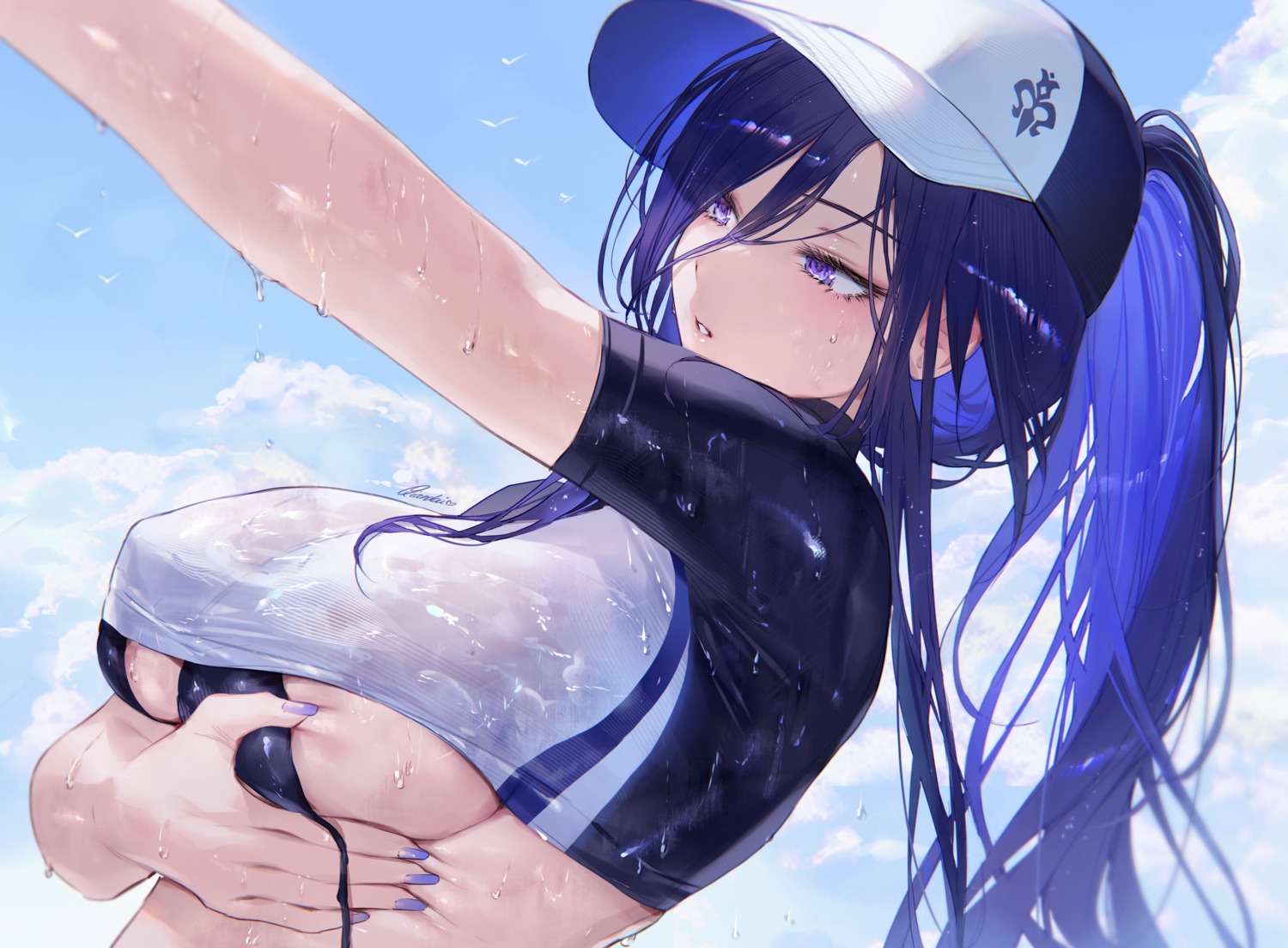 bikini_top breast_hold clorinde erect_nipples genshin_impact qiandaiyiyu see_through shirt_lift swimsuits wet wet_clothes