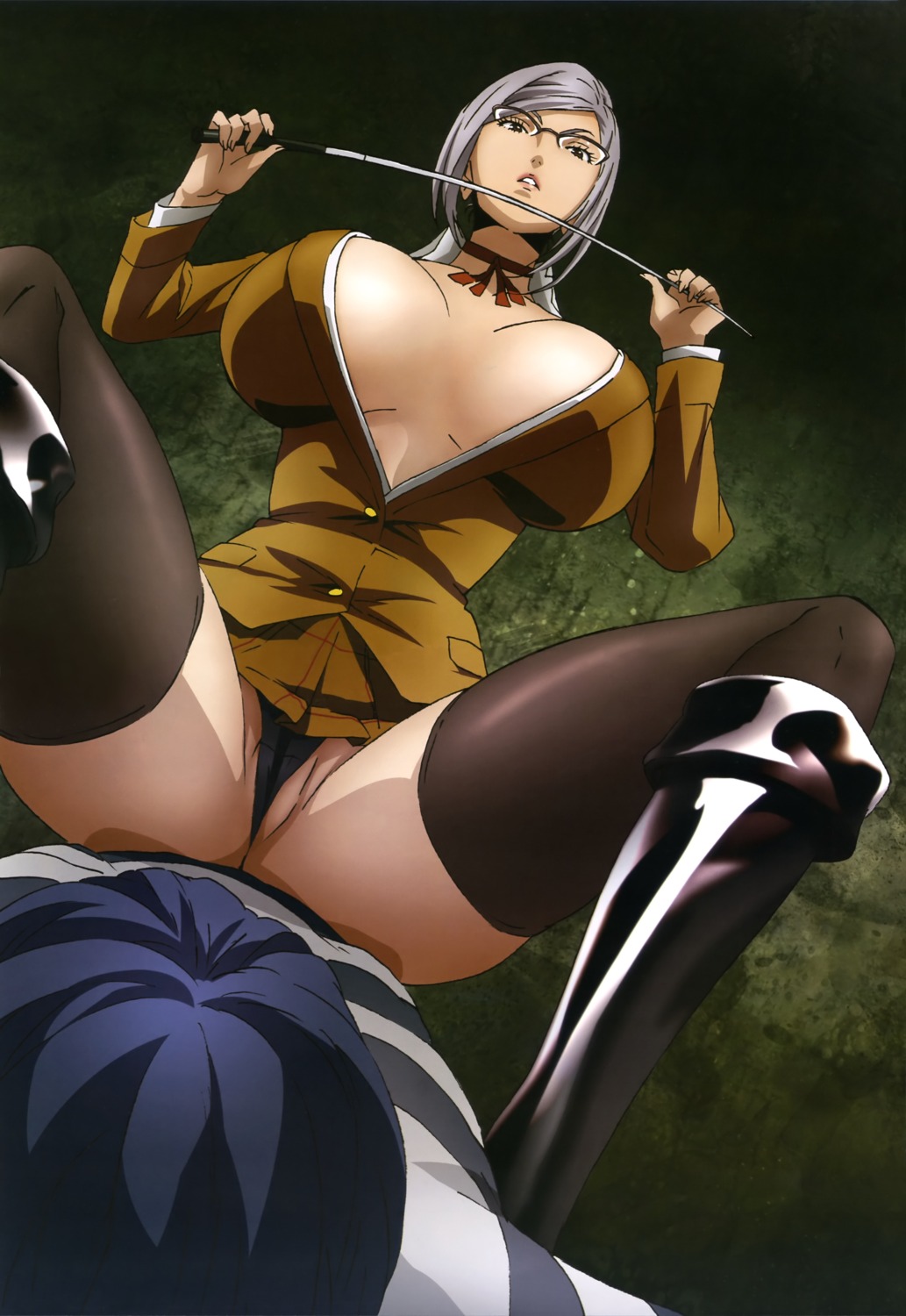 cameltoe cleavage megane no_bra open_shirt pantsu prison_school shiraki_meiko thighhighs