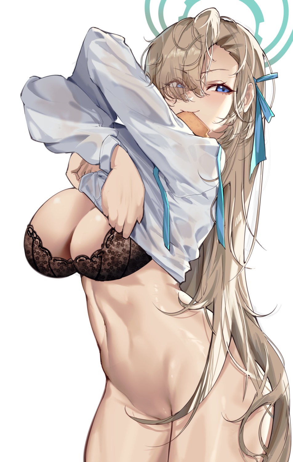 blue_archive bottomless bra halo ichinose_asuna see_through shirt_lift undressing yiran